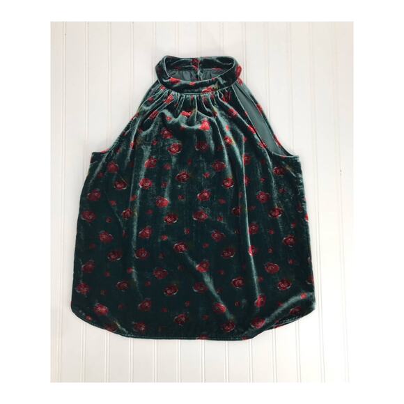 Ann Taylor LOFT Green Rose Print Velvet Halter Top Womens XS - Picture 1 of 9